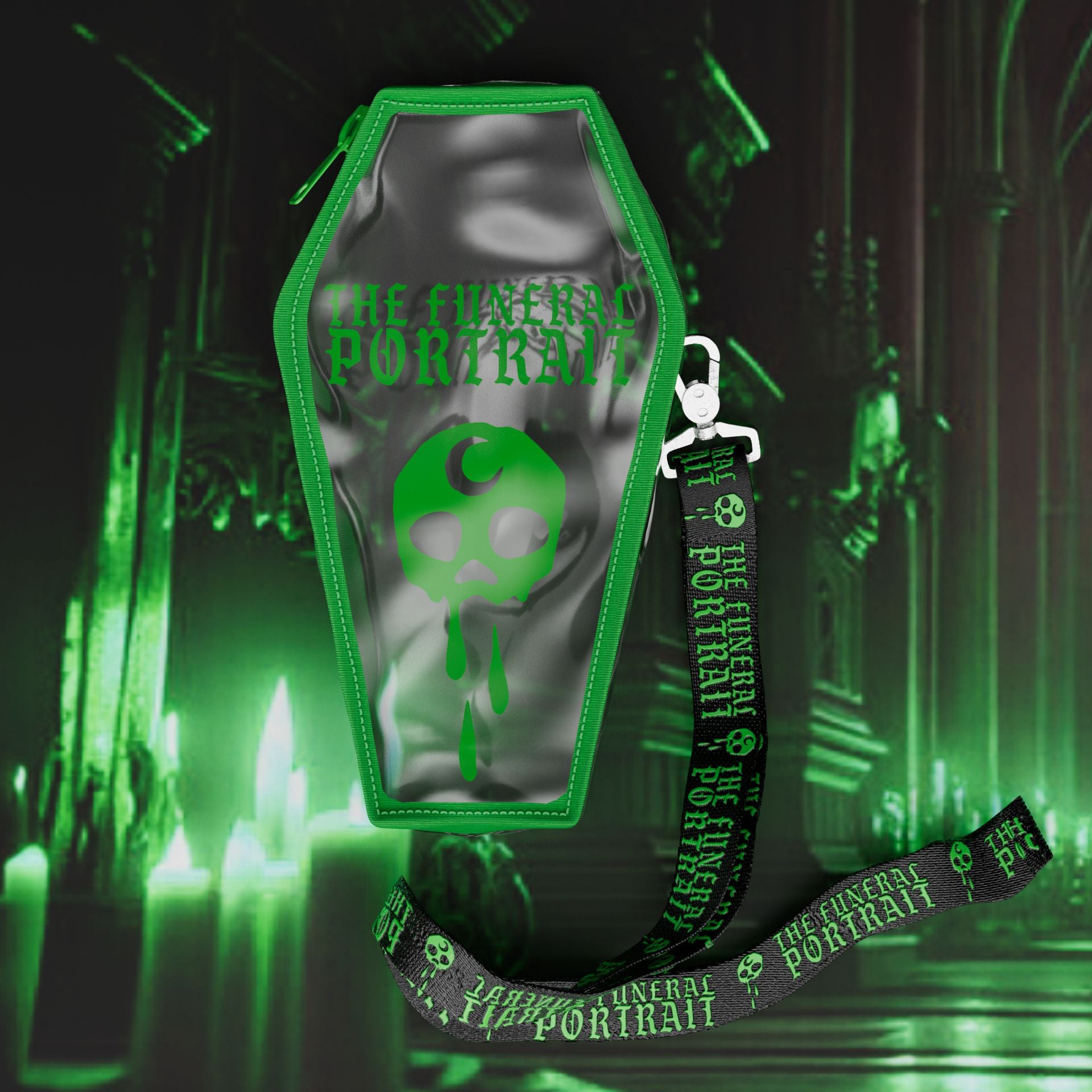 A clear PVC crossbody bag with neon green detailing and the band name 'The Funeral Portrait' displayed on the strap and the front.